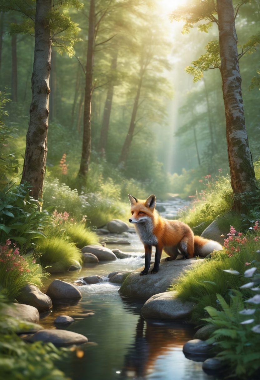A serene forest setting featuring a healthy fox nestled among vibrant greenery, symbolizing recovery and wellness. Incorporate elements of fitness such as dumbbells and yoga mats subtly placed around the fox, representing coaching and physical activity. The atmosphere should be calming, with soft sunlight filtering through the trees. Blissful nature elements like flowers and streams should enhance the scene. vibrant colors. super-realistic.