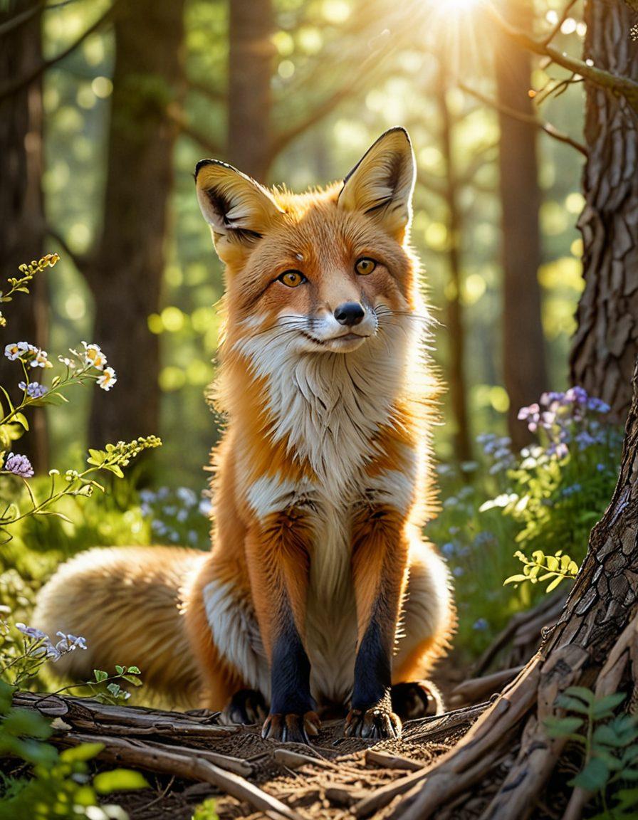 A lively scene of a playful fox engaging in various rehabilitation exercises in a serene forest setting, surrounded by colorful wildflowers and trees. The fox is depicted showcasing agility, stretching, and balance, symbolizing recovery and strength. Bright sunlight filters through the leaves, creating a warm and inviting atmosphere, helping to convey a sense of healing and vitality. Include soft, natural colors to enhance the peaceful environment. super-realistic. vibrant colors. natural background.