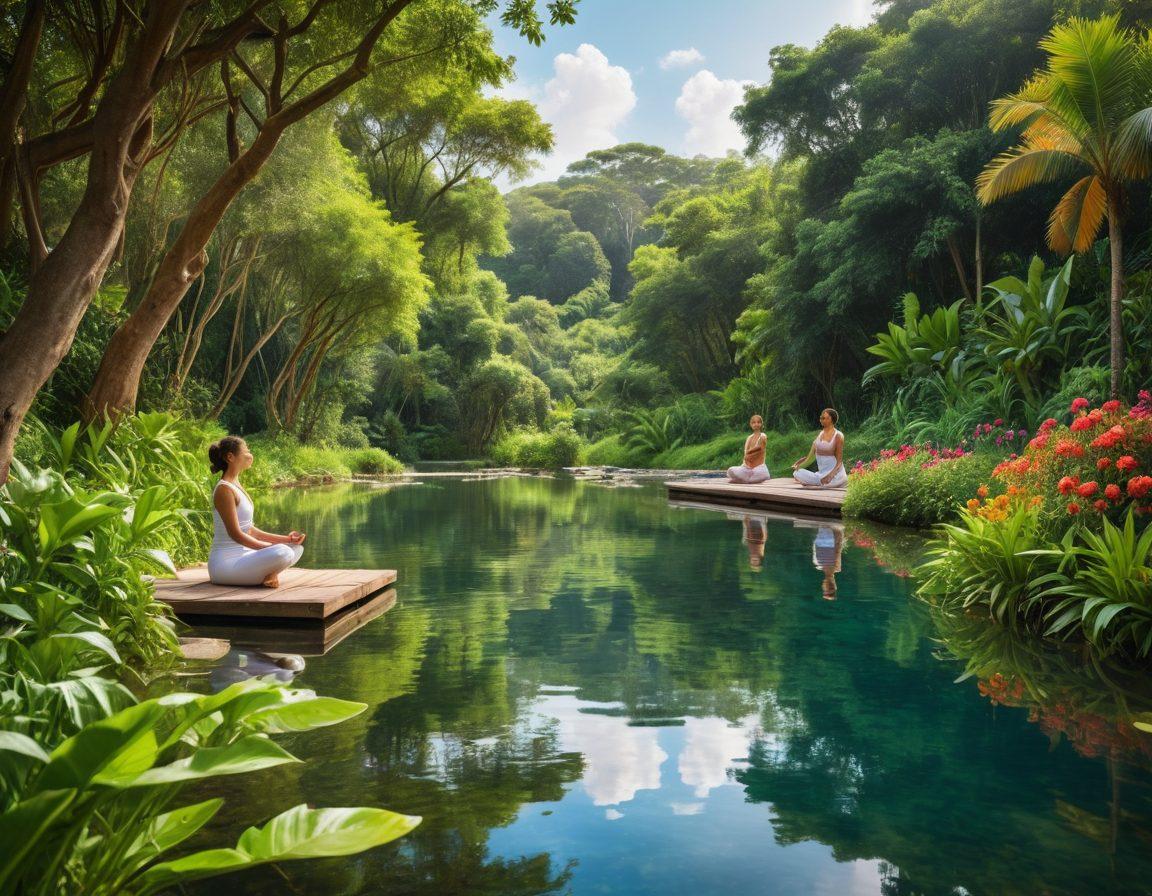 A serene landscape featuring a diverse group of people engaging in various holistic activities such as yoga, meditation, and healthy cooking outdoors. Include elements of nature like lush greenery and a calming water body to symbolize balance and wellness. Overlay motivational phrases subtly integrated into the scenery. The image exudes positivity and inclusivity, portraying various age groups and ethnicities. super-realistic. vibrant colors. peaceful atmosphere.